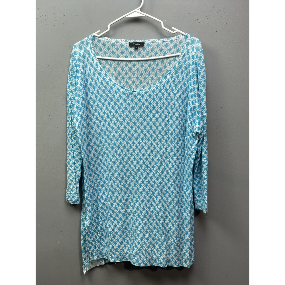 Pure Amici Shirt Womens Large Blue White Linen Geometric Tunic‎ Top 3/4 Sleeve